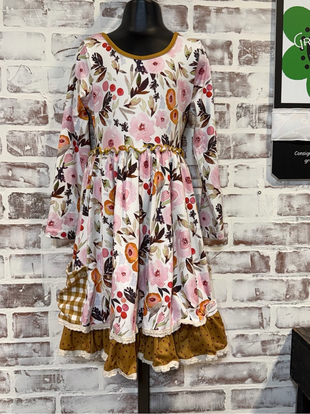 cheeky plum Pink Floral Long-Sleeve Dress with Mustard Ruffle